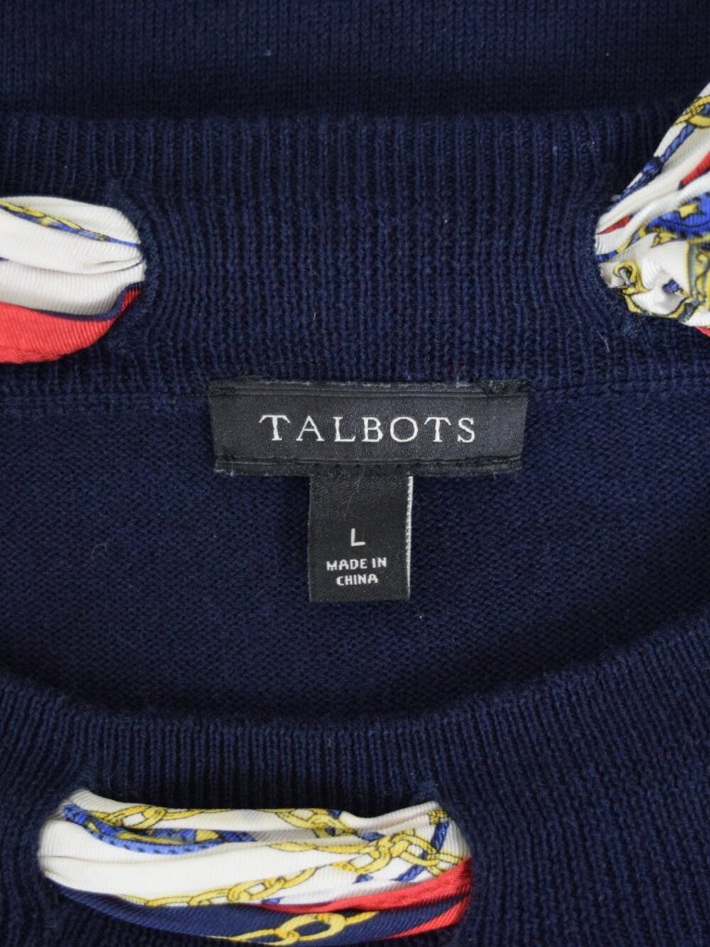 TALBOTS SILK SCARF NAVY BLUE CREW NECK SWEATER - Picture 9 of 10